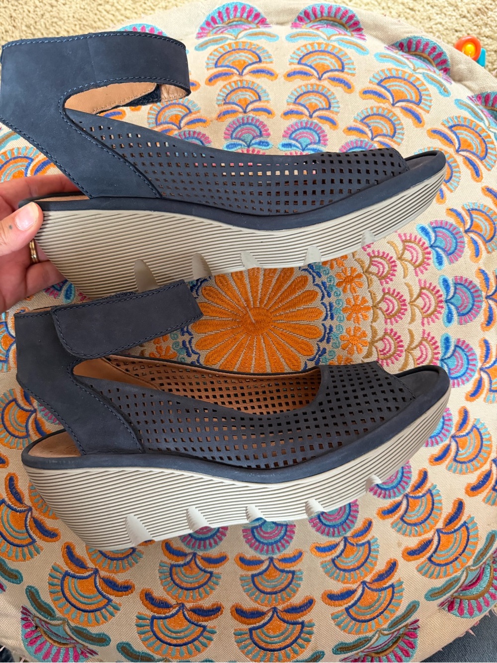 Clark Women’s Navy Perforated Wedge Sandals - ComfortableDress Shoe Size 9